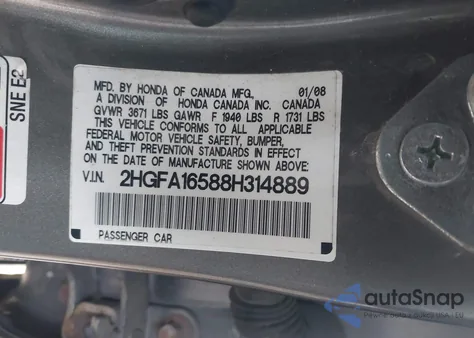 2008 Honda Civic Lx z USA, uszkodzony, nr VIN 2HGFA16588H314889